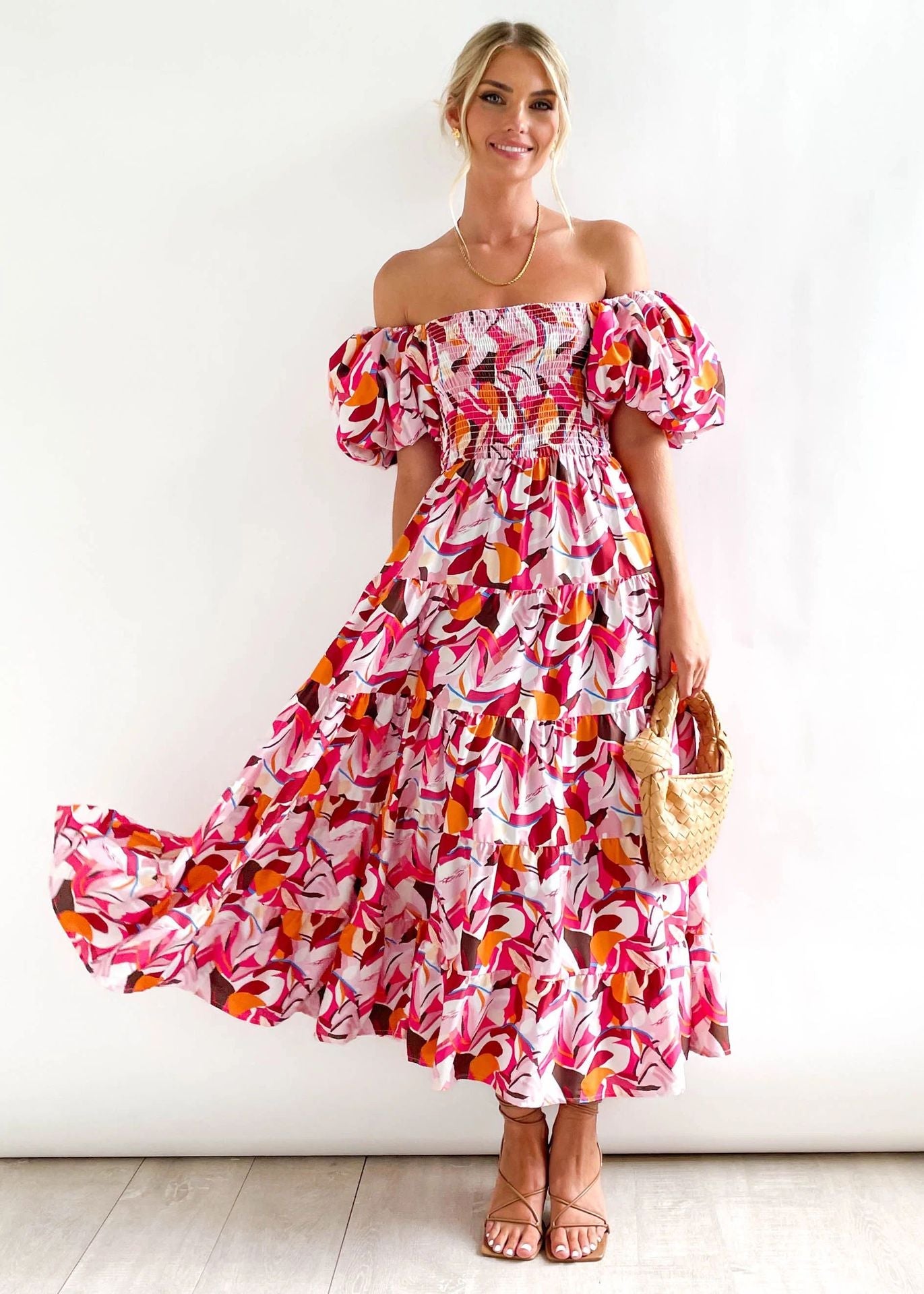 Off-Shoulder Midikleid mit rosa Druck