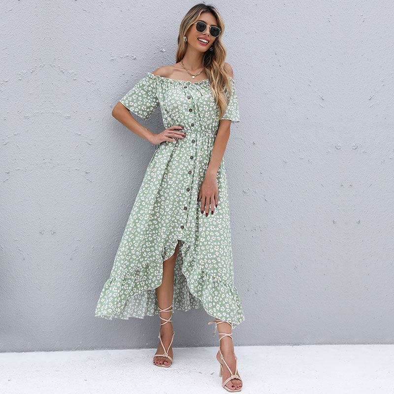 Grünes Off-Shoulder Kleid mit Blumendruck