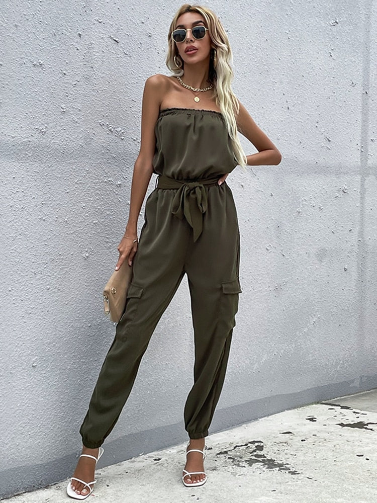 Dunkelgrüner Strapless Cargo Jumpsuit