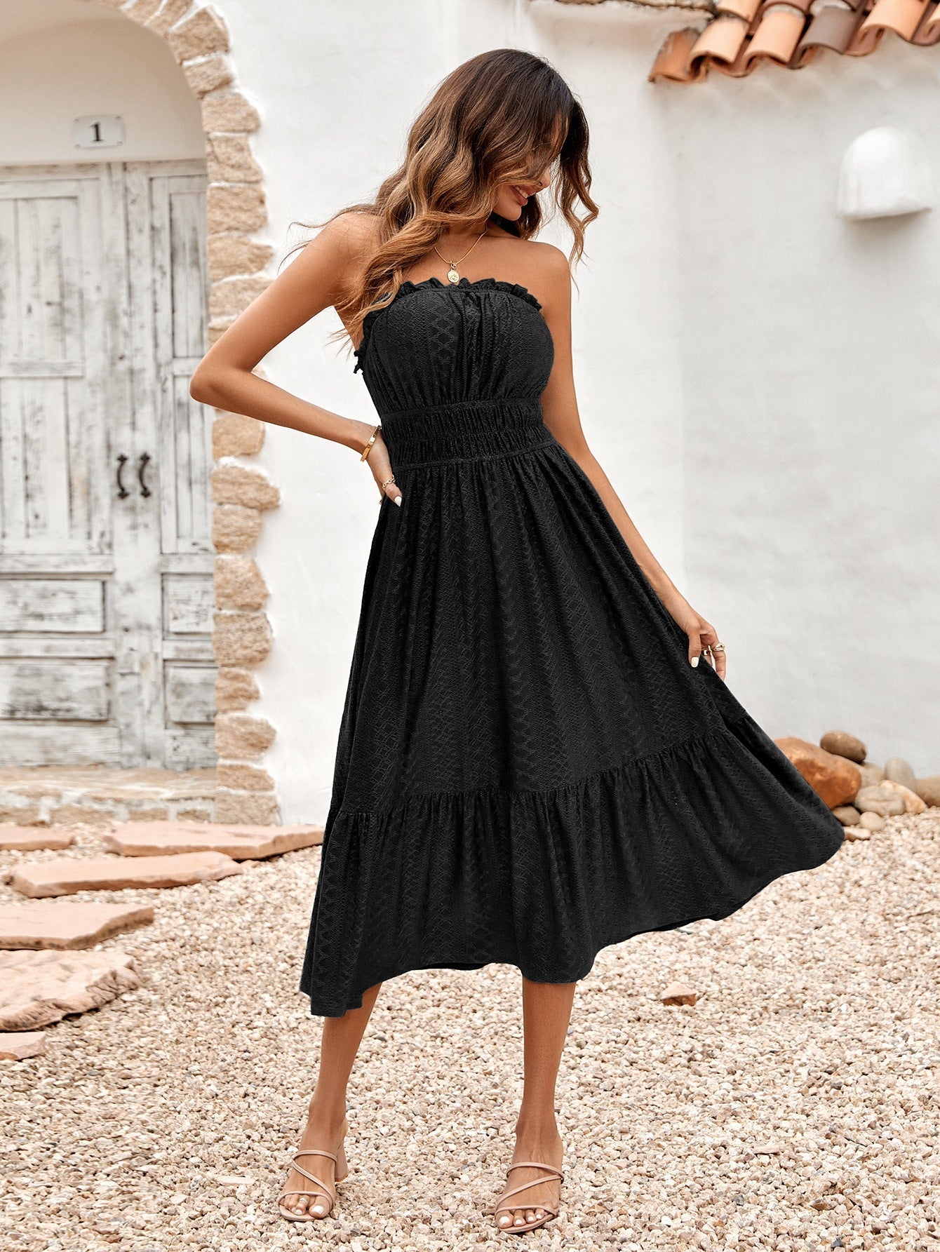 Schwarzes Strapless Midikleid