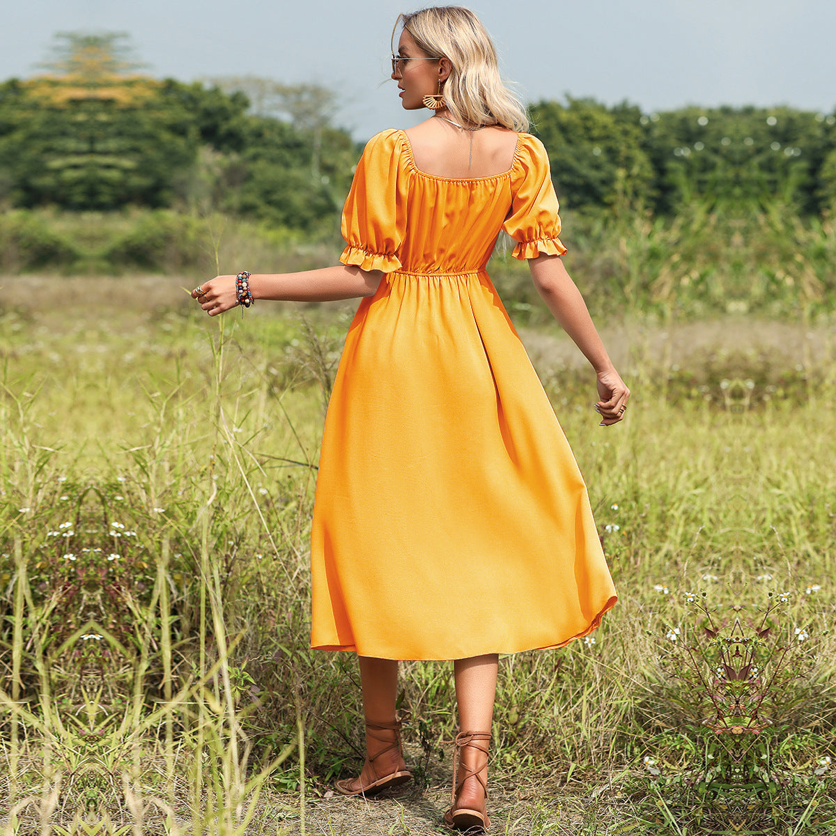 Gelb/oranges Midikleid mit Schleife