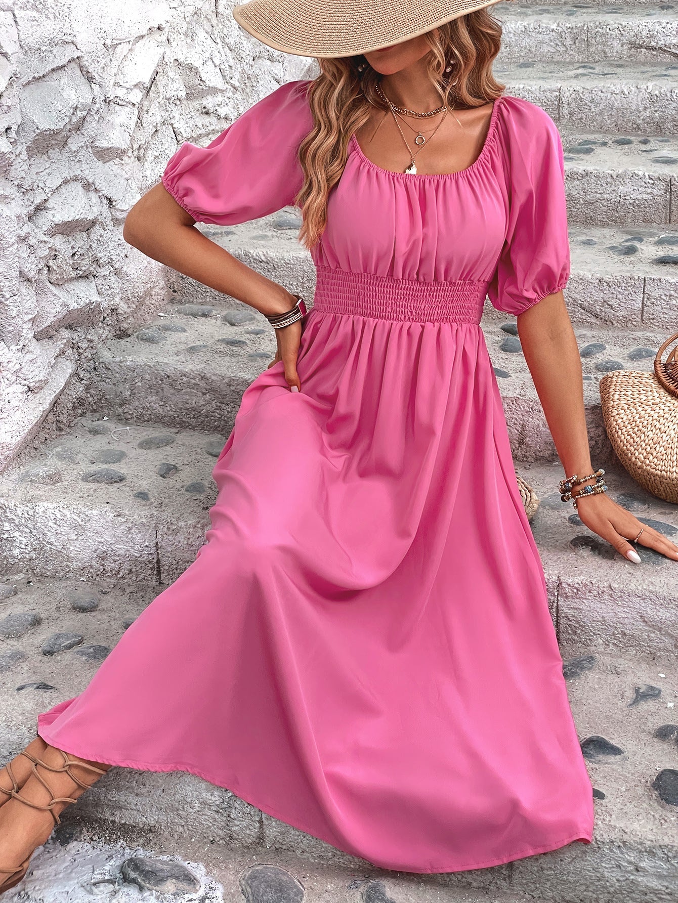 Rosa Off-Shoulder Midikleid