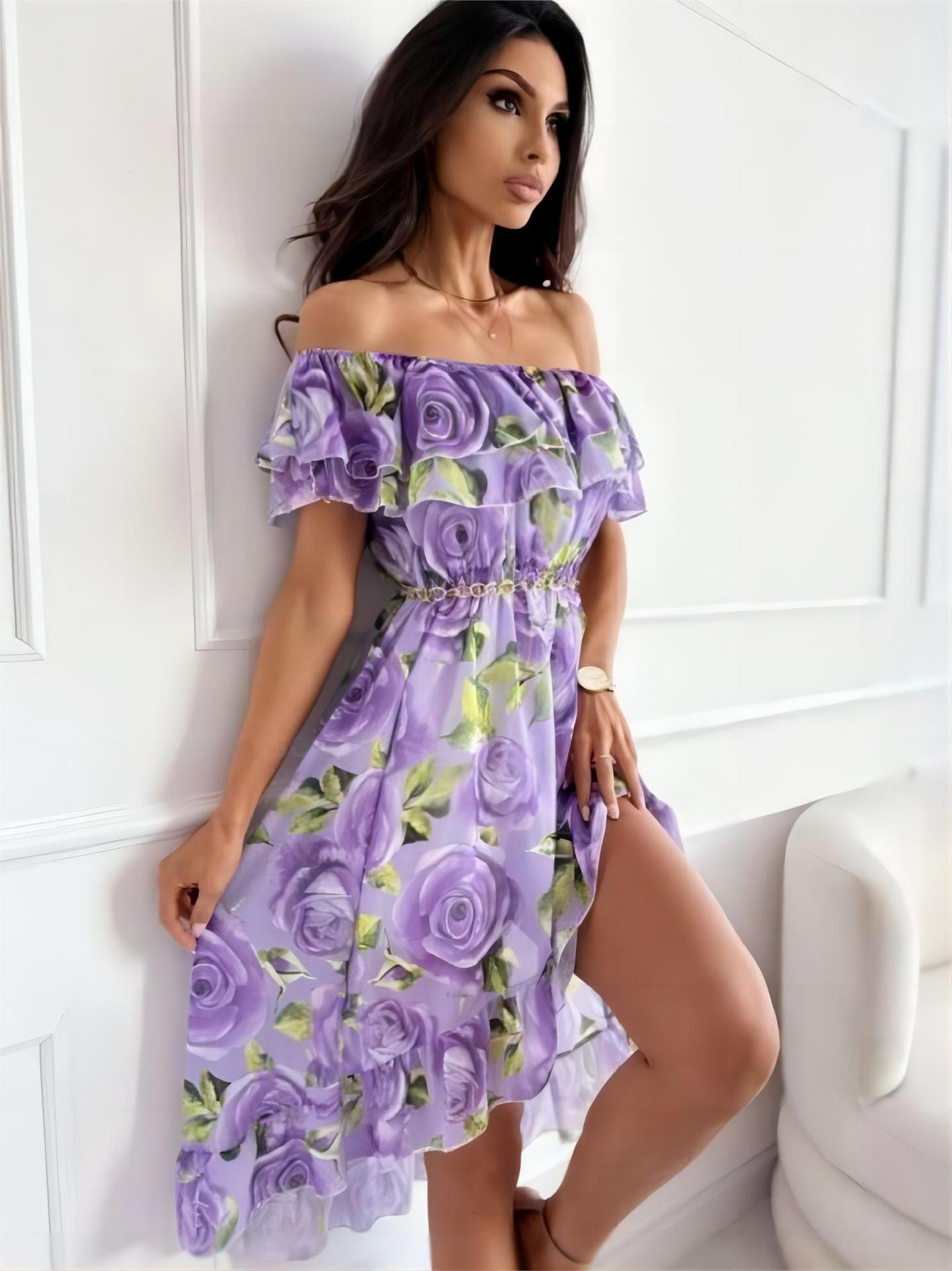 Lila Off-Shoulder Kleid mit Rosen