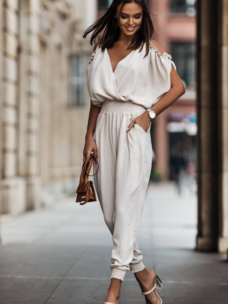 Dahlia | Eleganter schulterfreier Jumpsuit mit Taschen