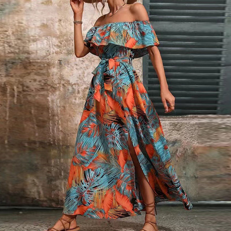 Orange/blaues Off-Shoulder Kleid mit Rüsche