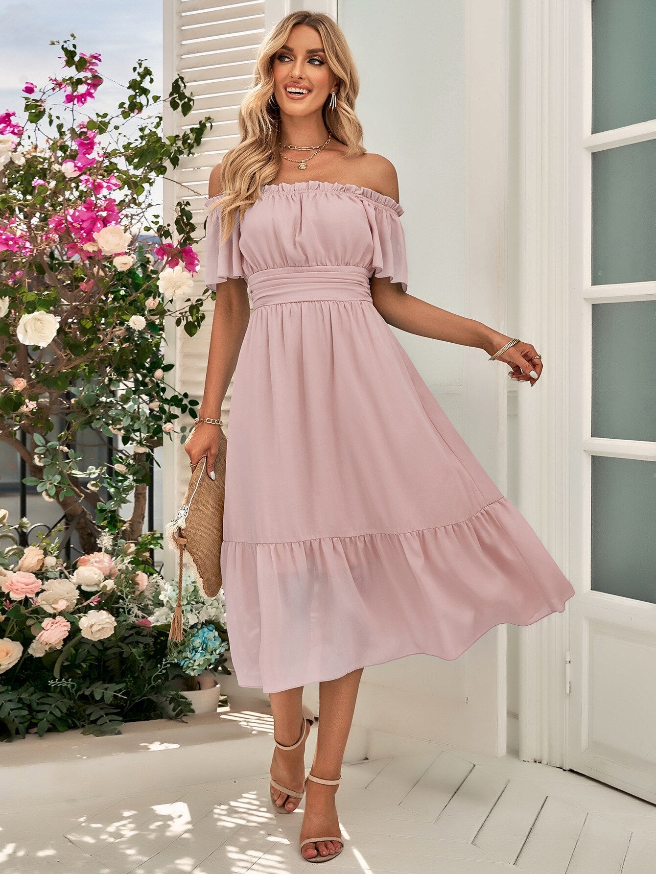 Rosa Off-Shoulder Midikleid