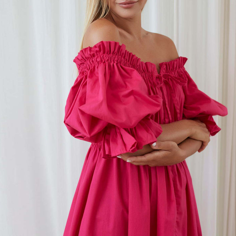 Rosa Off-Shoulder Kleid mit Puffärmeln