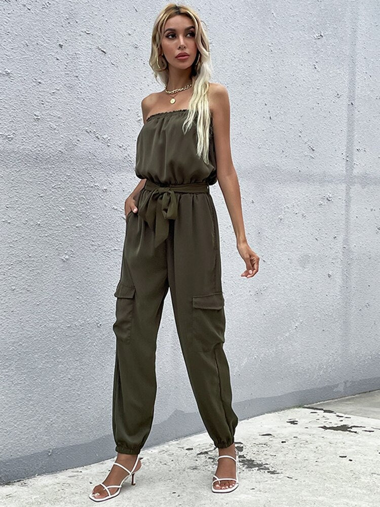 Dunkelgrüner Strapless Cargo Jumpsuit