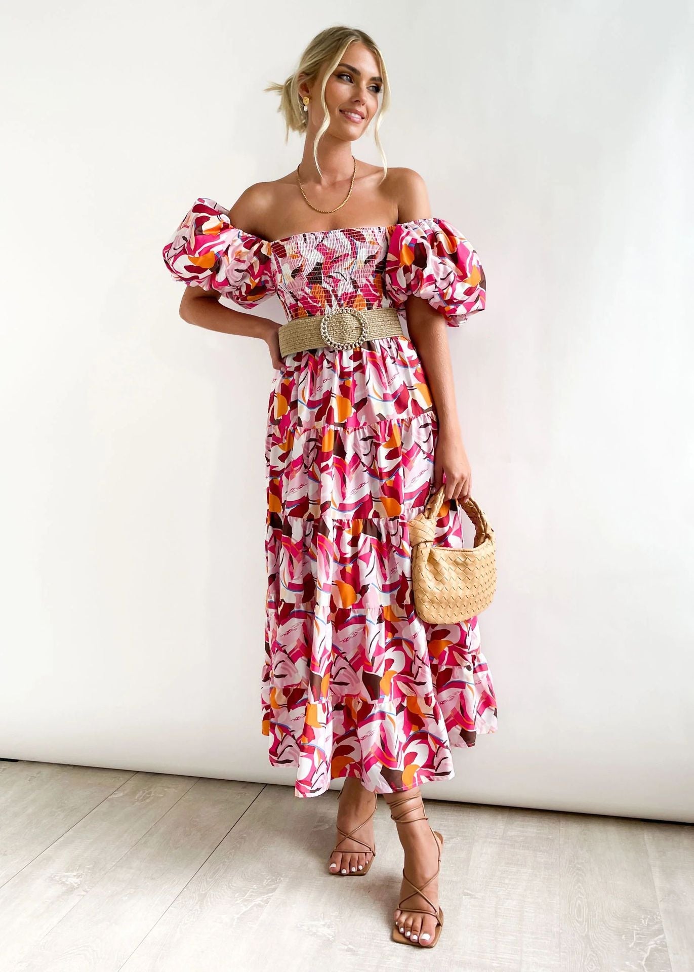 Off-Shoulder Midikleid mit rosa Druck