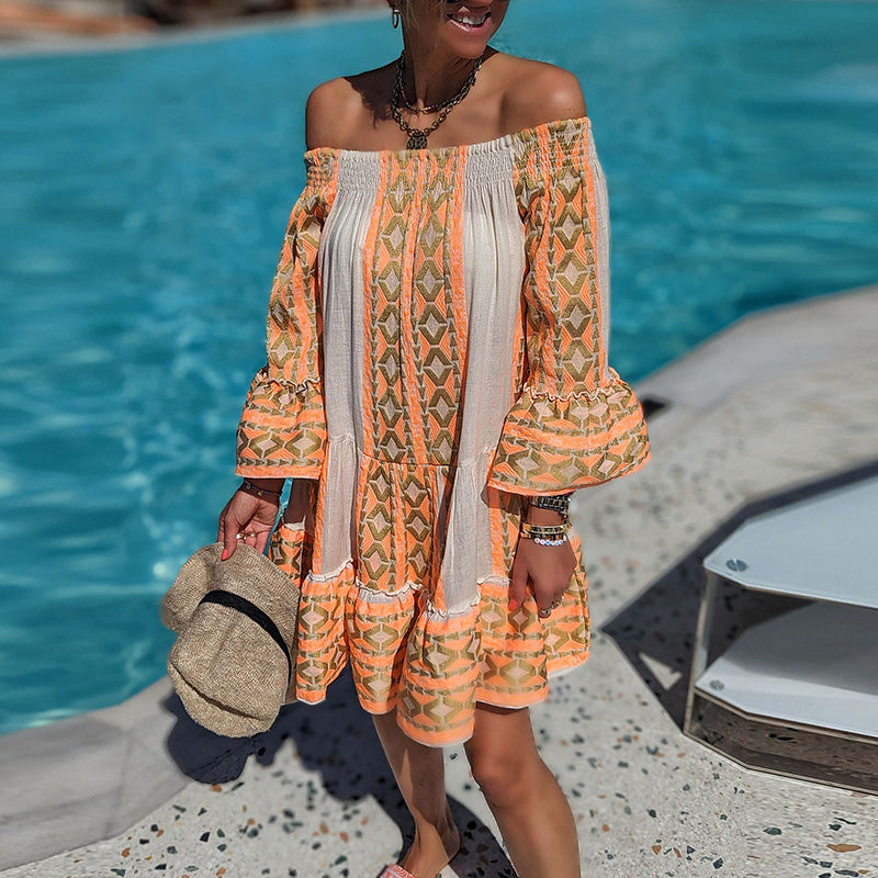 Orangefarbenes Off-Shoulder Boho Kleid