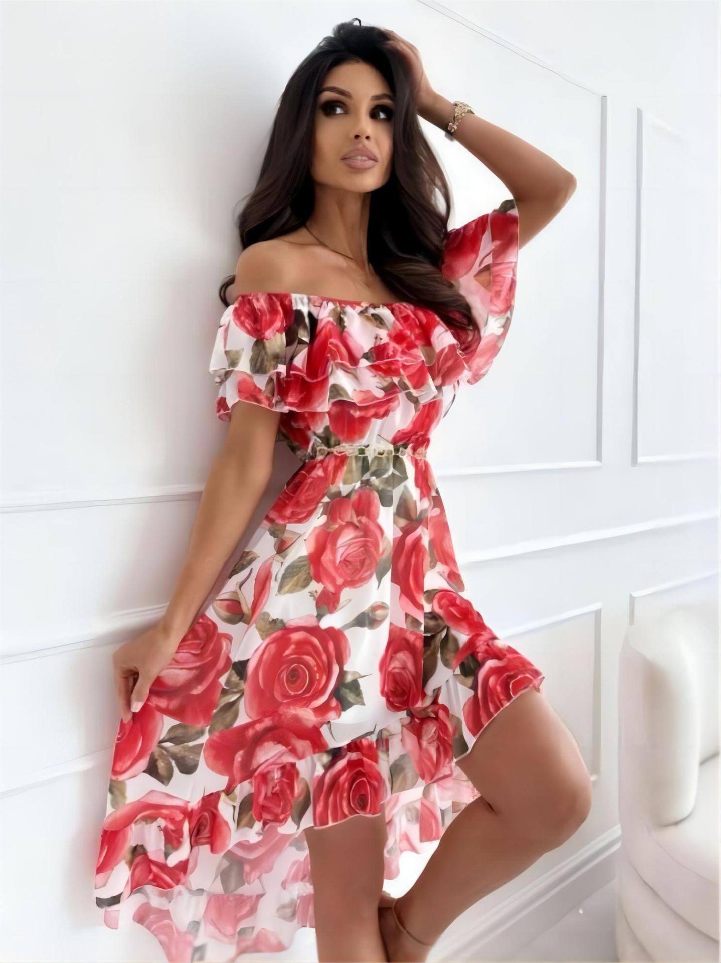 Off-Shoulder Kleid mit roten Rosen