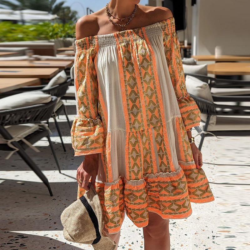 Orangefarbenes Off-Shoulder Boho Kleid