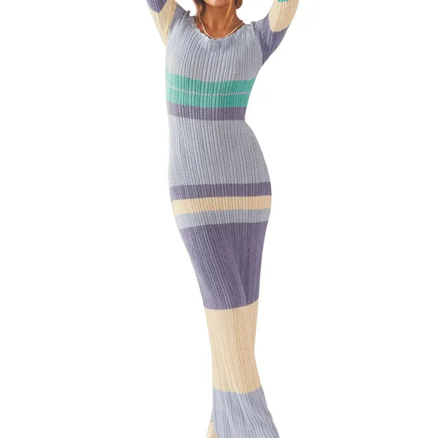 Mia | Schulterfreies Gestreiftes Strick-Maxikleid