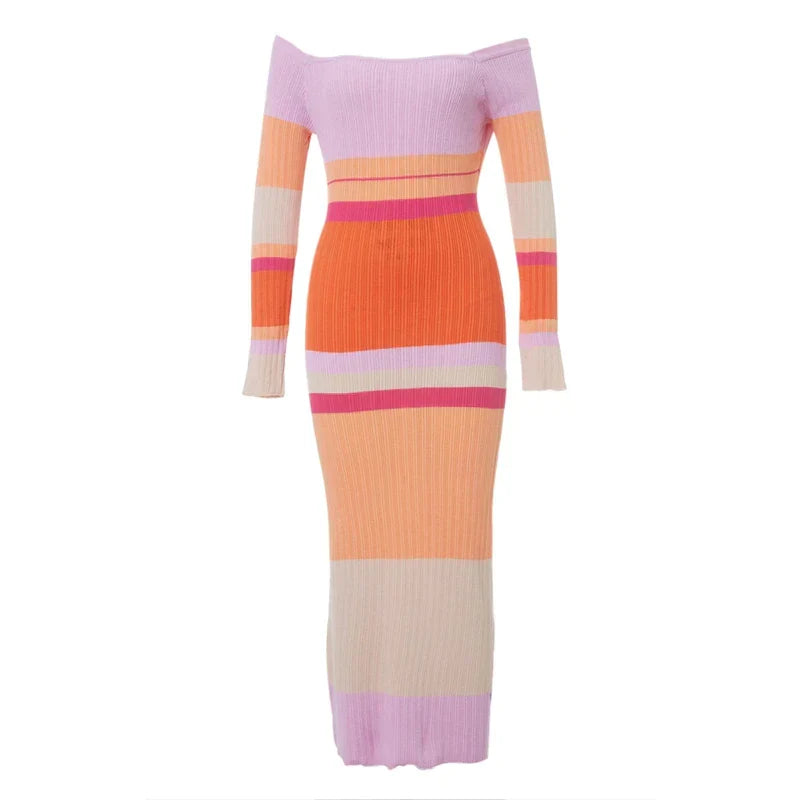 Mia | Schulterfreies Gestreiftes Strick-Maxikleid