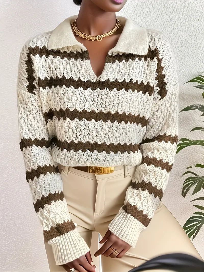 Therese - Lässiger Herbst-Strickpullover Aprikose mit Streifen für Damen