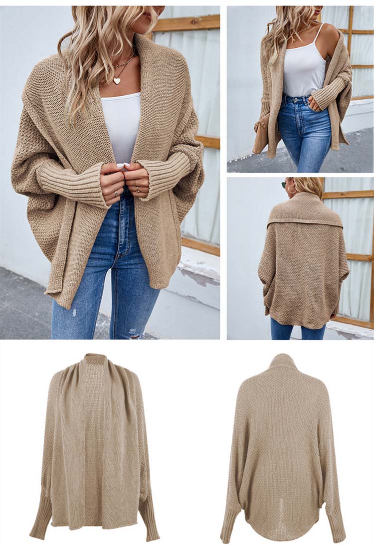 Beigefarbene oversized Strickjacke mit Fledermausärmeln