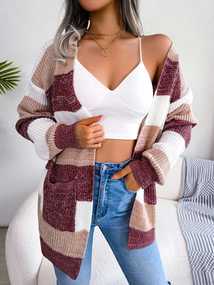 Bordeaux gestreifte Strickjacke