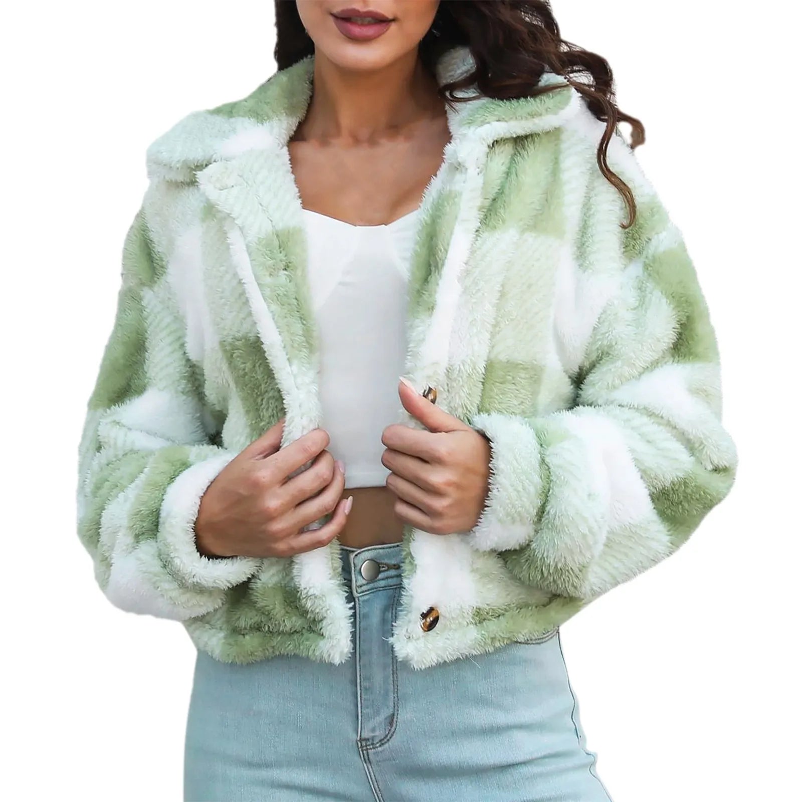 Kurze fluffy Jacke mit Karo