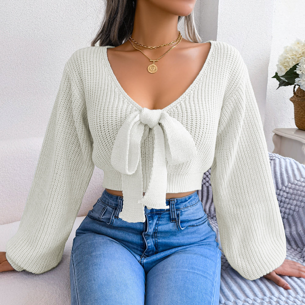 Weißer Cropped Pullover mit Schleife