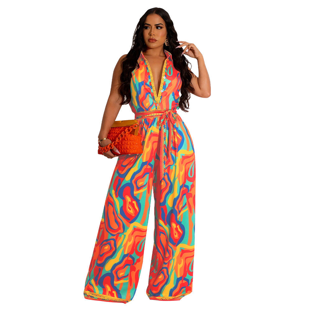 Quella | Women's Wide Leg Abstract Print Jumpsuit mit Fliege