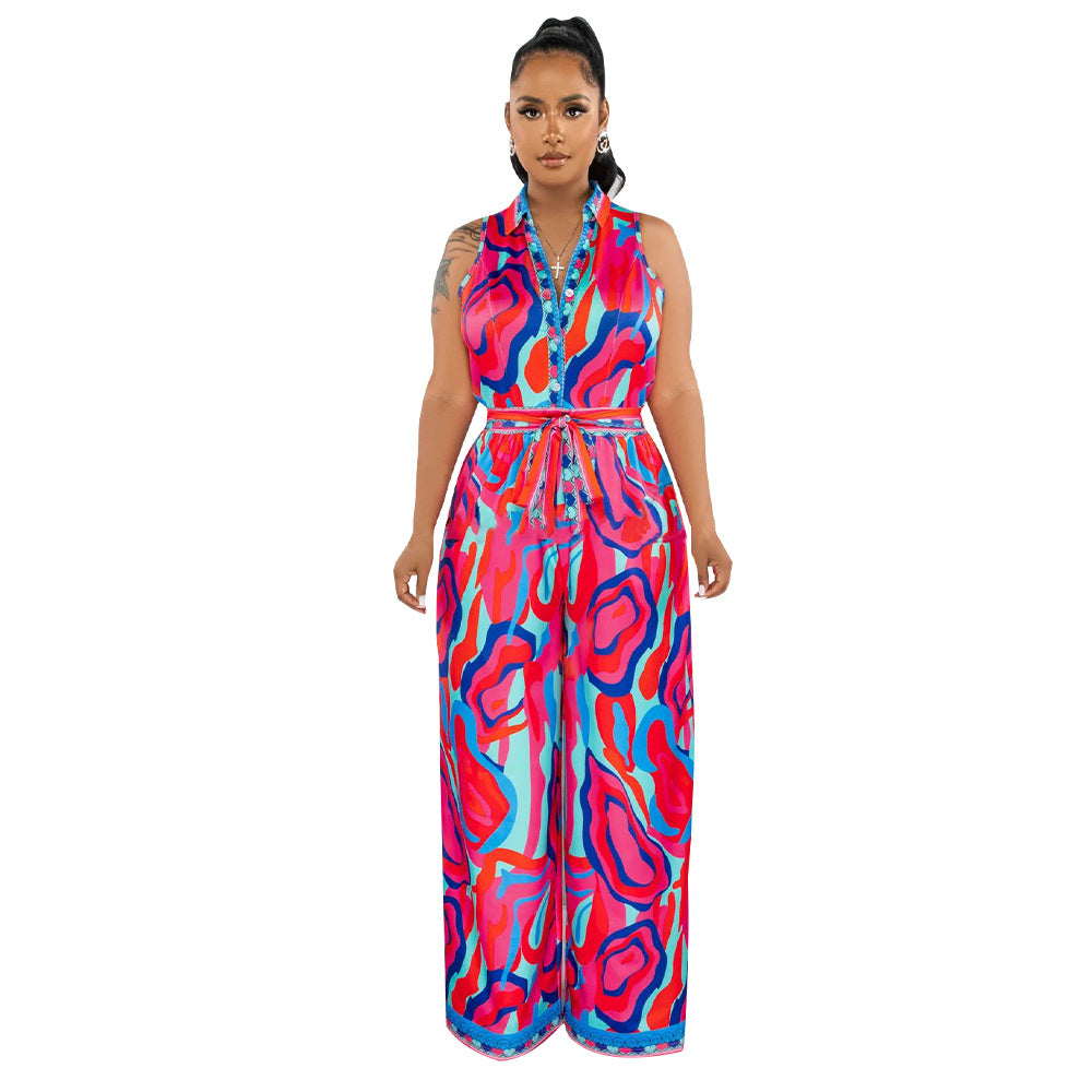 Quella | Women's Wide Leg Abstract Print Jumpsuit mit Fliege