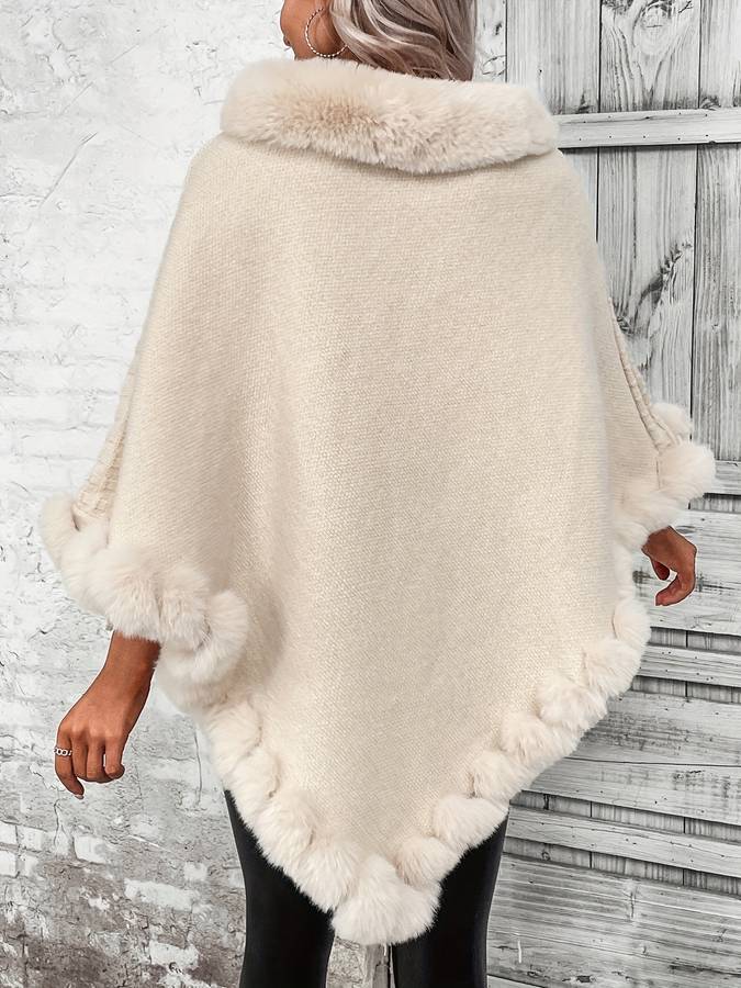 Beigefarbener Poncho mit Kunstpelz