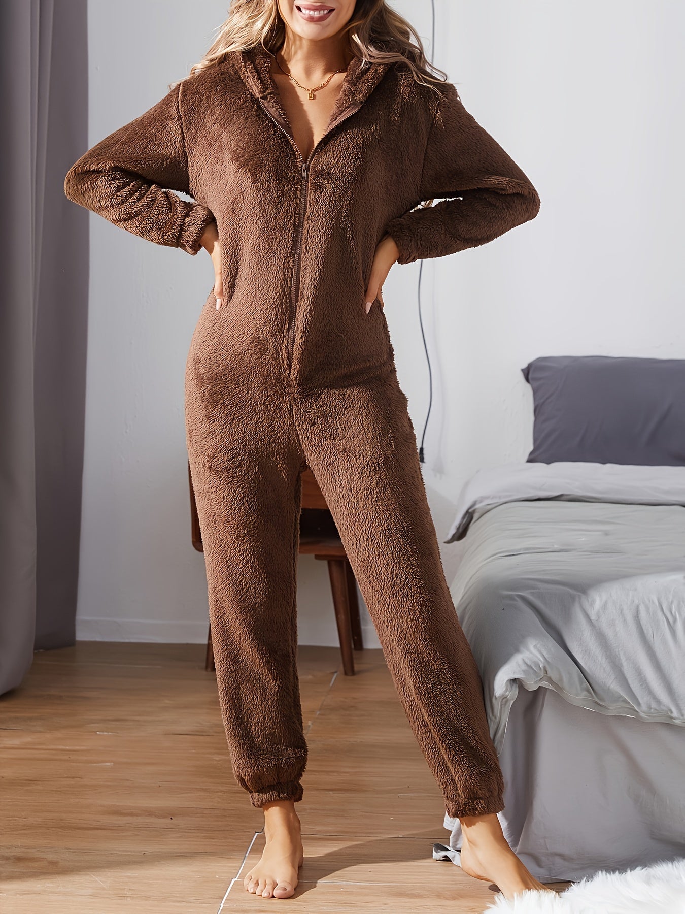 Rylee - Stilvoller Lässiger Winter Brauner Kapuzen-Jumpsuit für Damen