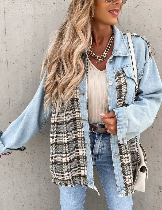 Denim-Bluse mit Karomuster