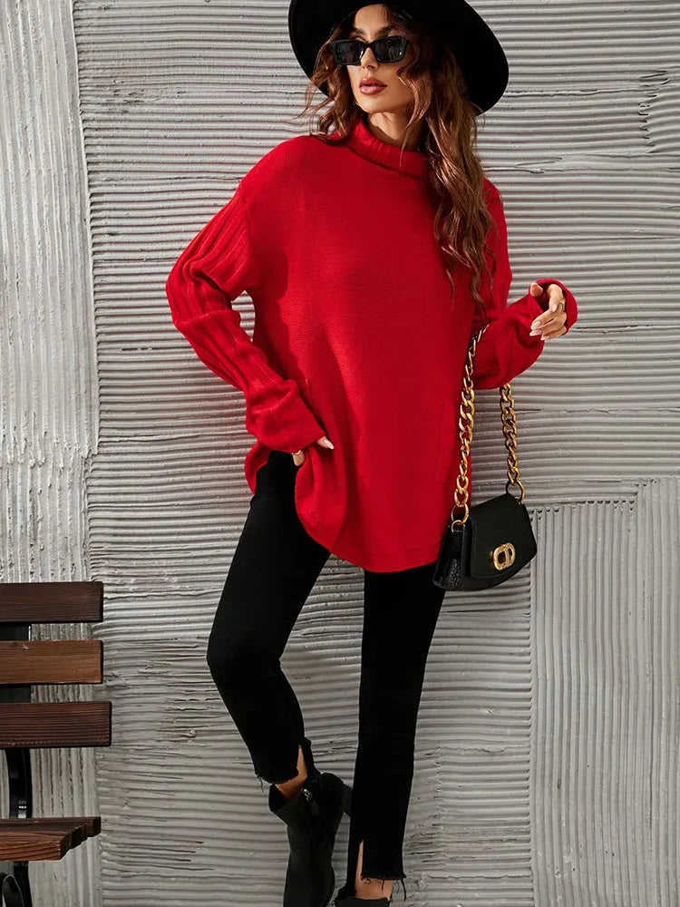 Roter oversized Pullover mit Rollkragen