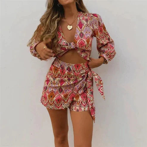 Ayesha - Crop Bluse und Wickelrock Shorts Set