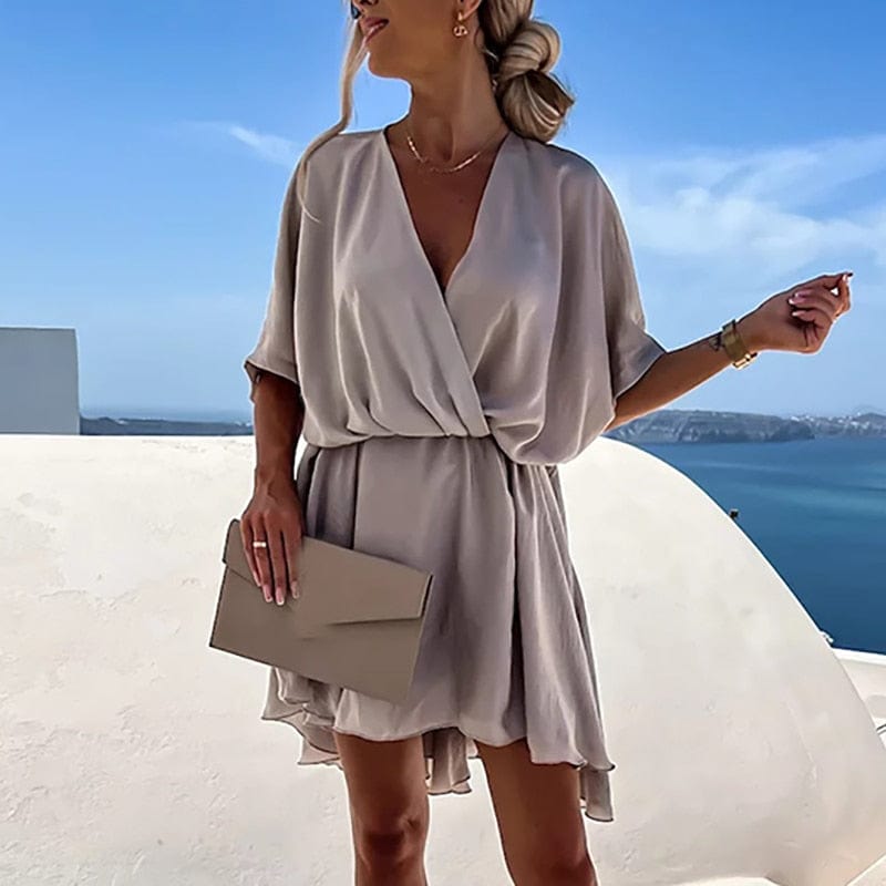 Party Beige Boho Kleid mit V-Ausschnitt